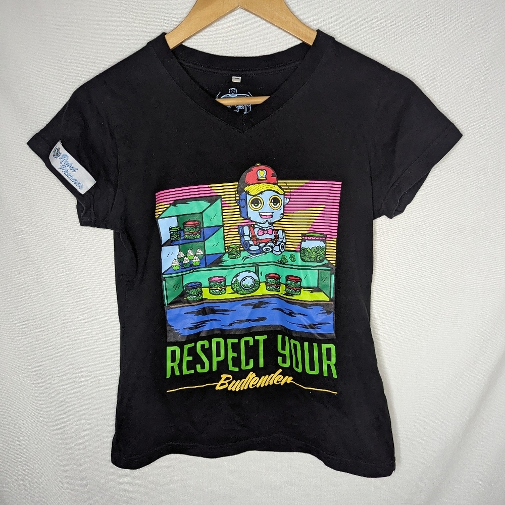 Robot Pharmer Black And Colorful Respect your Budtender Fitted Tshirt‎ Size M